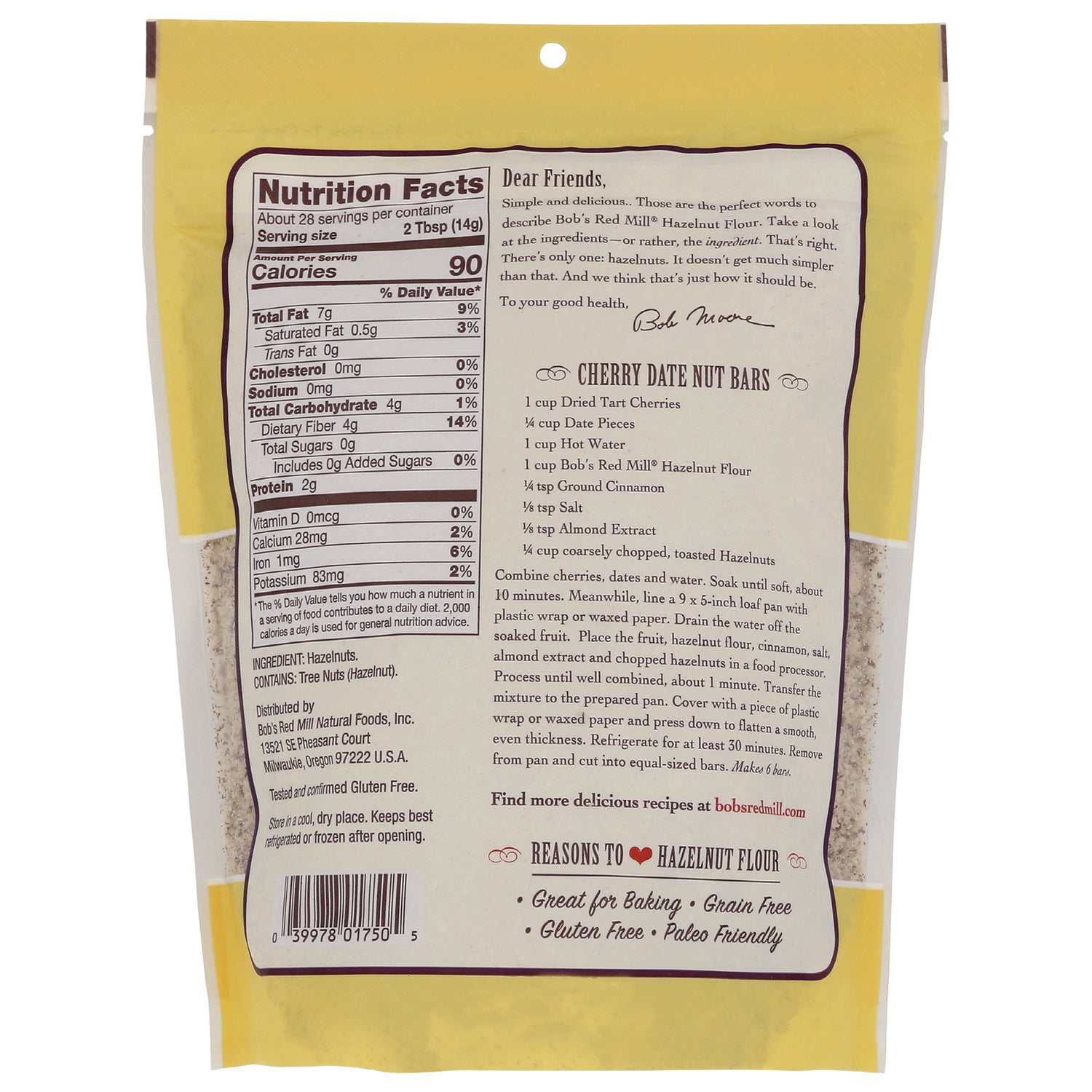 BOB274 | Back of Bob's Red Mill hazelnut flour pouch showing Nutrition Facts, ingredients and Cherry Date Nut Bars recipe