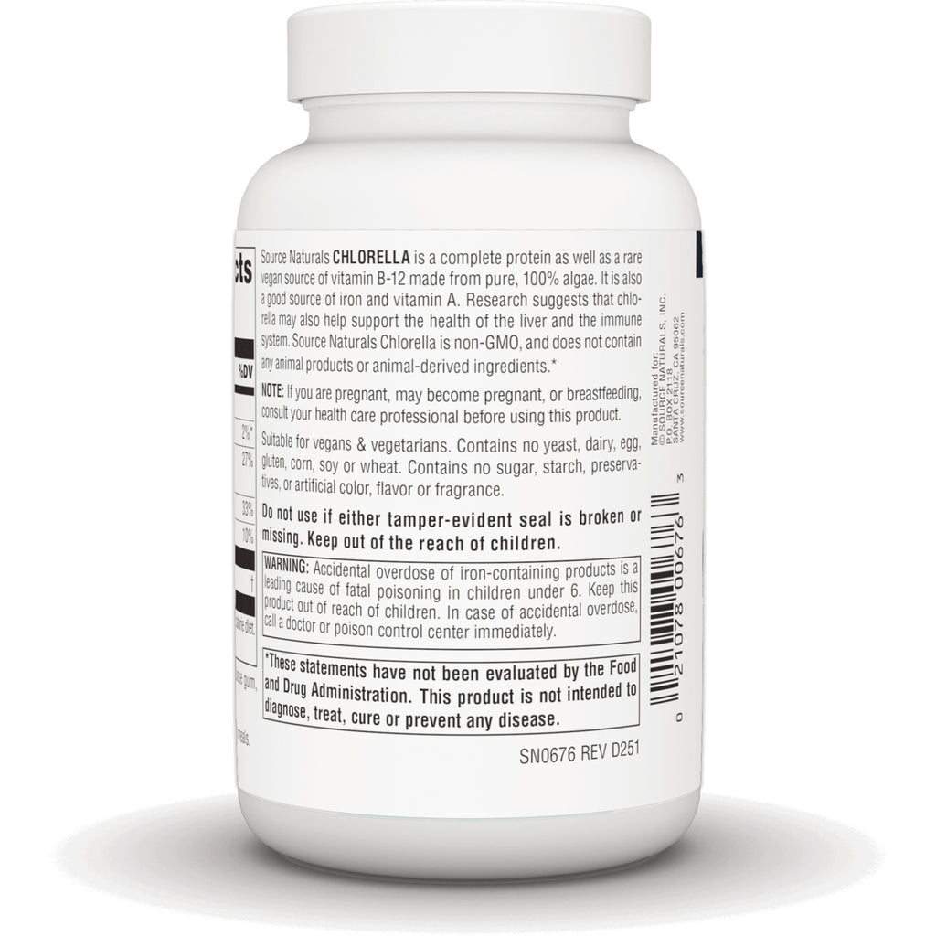 SN439 | Source Naturals Chlorella supplement bottle back label with warnings, vegan info, and barcode - Thumbnail