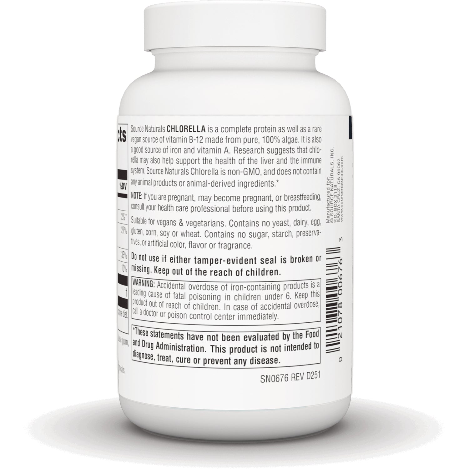 SN439 | Source Naturals Chlorella supplement bottle back label with warnings, vegan info, and barcode