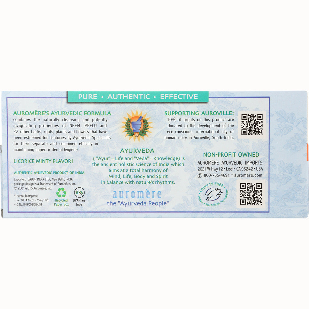 AUR005 | Back of Auromre toothpaste box showing Ayurvedic formula, licorice minty flavor and company information - Thumbnail