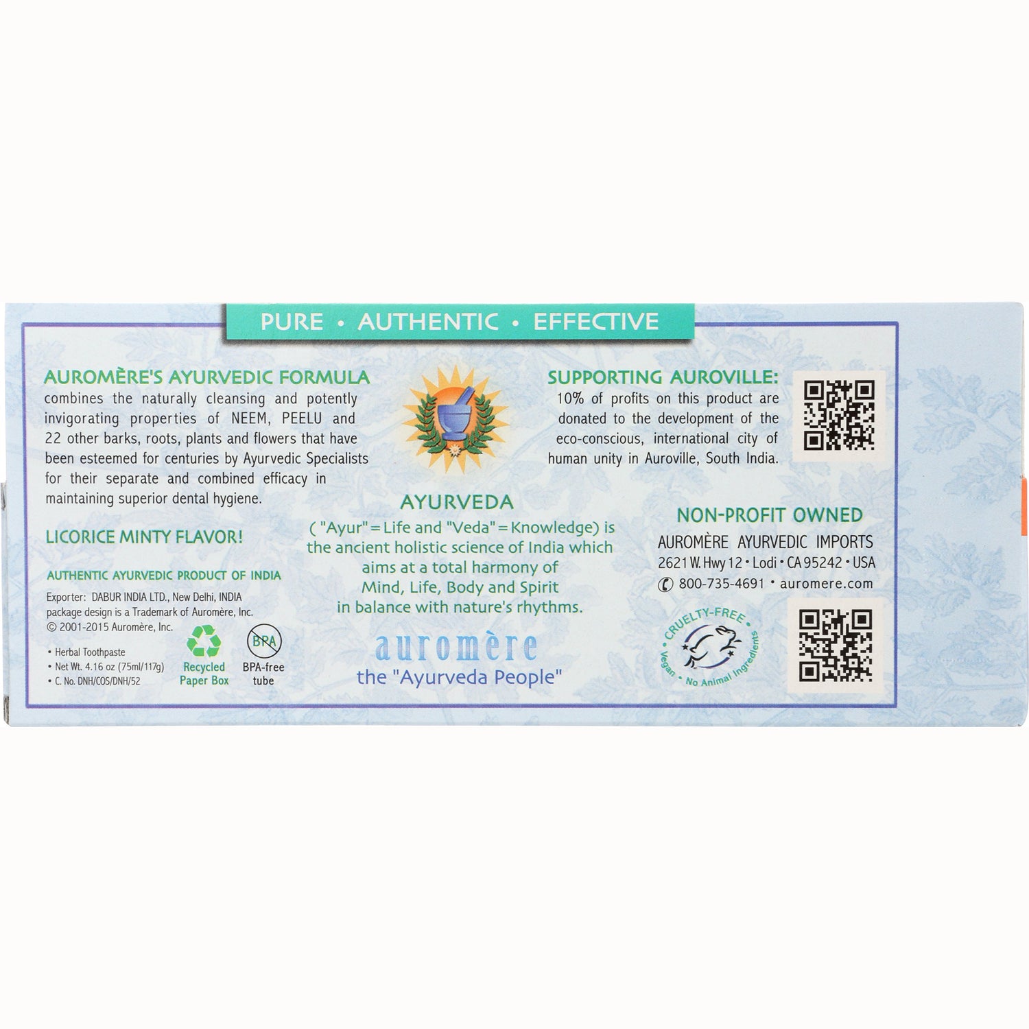 AUR005 | Back of Auromre toothpaste box showing Ayurvedic formula, licorice minty flavor and company information