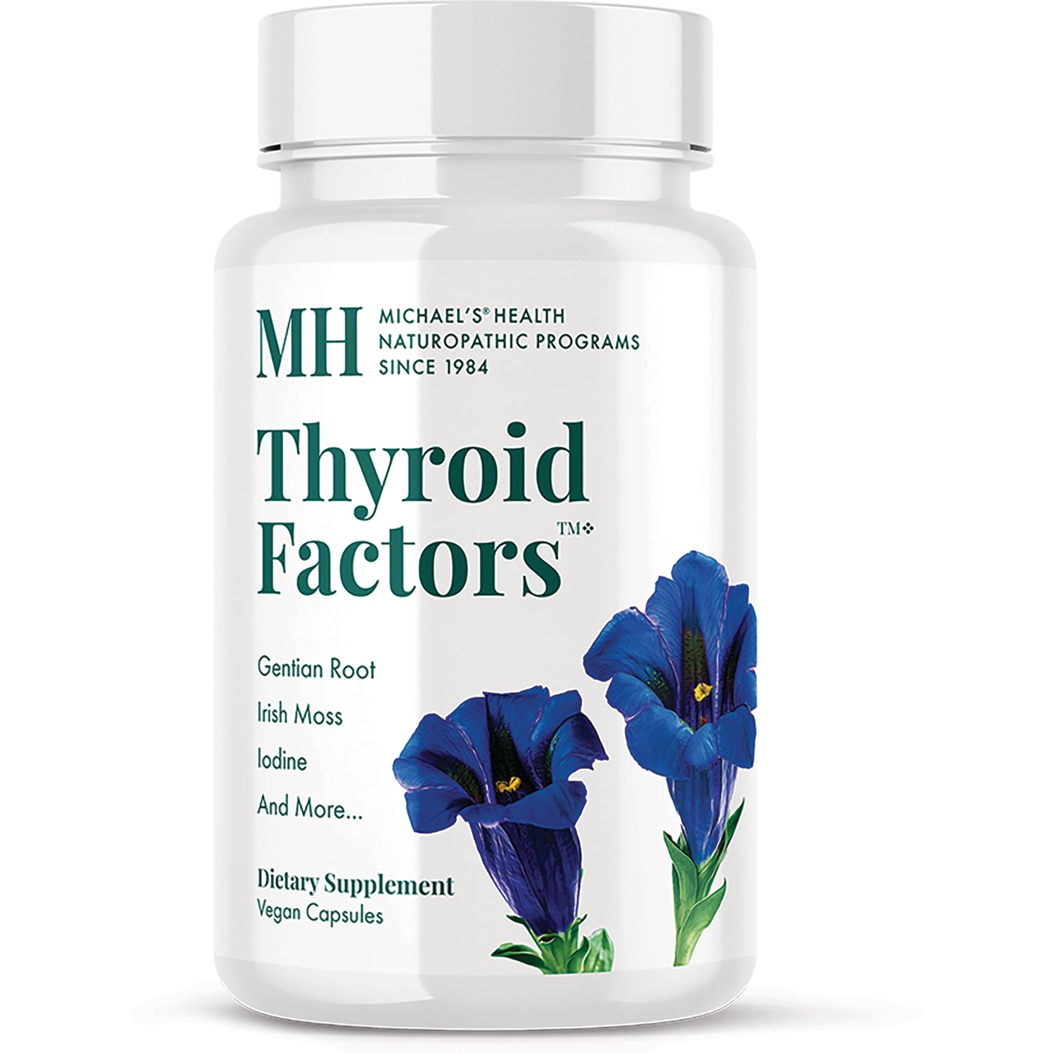 MNP012 | White supplement bottle labeled Thyroid Factors with blue gentian flowers and text listing Gentian Root, Irish Moss, Iodine