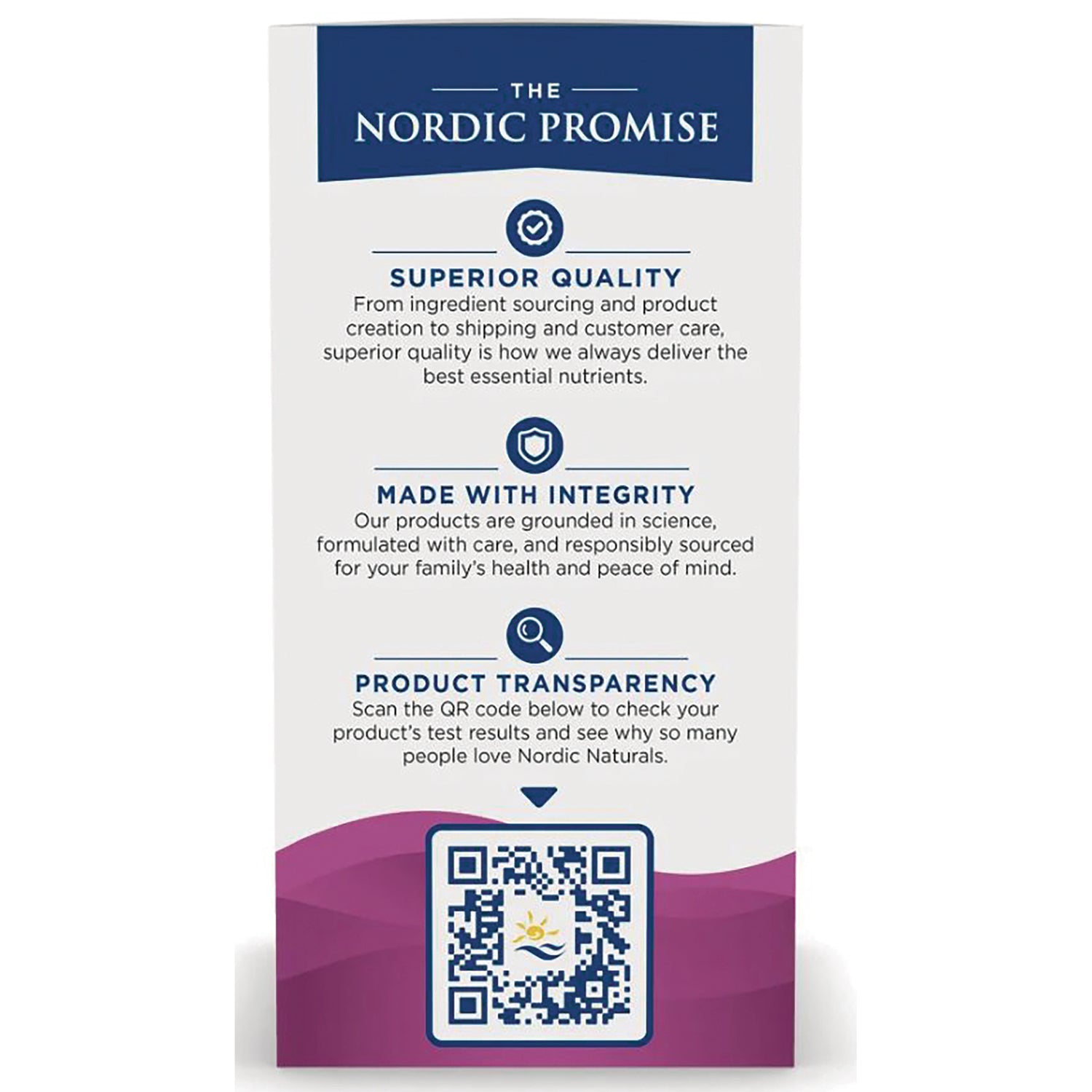 NRN061 | Back of Nordic Promise product box showing Superior Quality, Made With Integrity, Product Transparency panels and a QR code