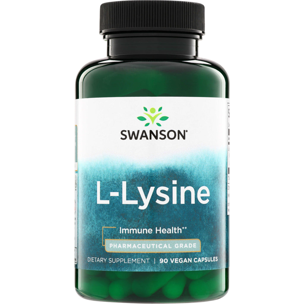 SWU452 | Swanson L-Lysine supplement bottle front, Immune Health, Pharmaceutical Grade, 90 vegan capsules - Thumbnail