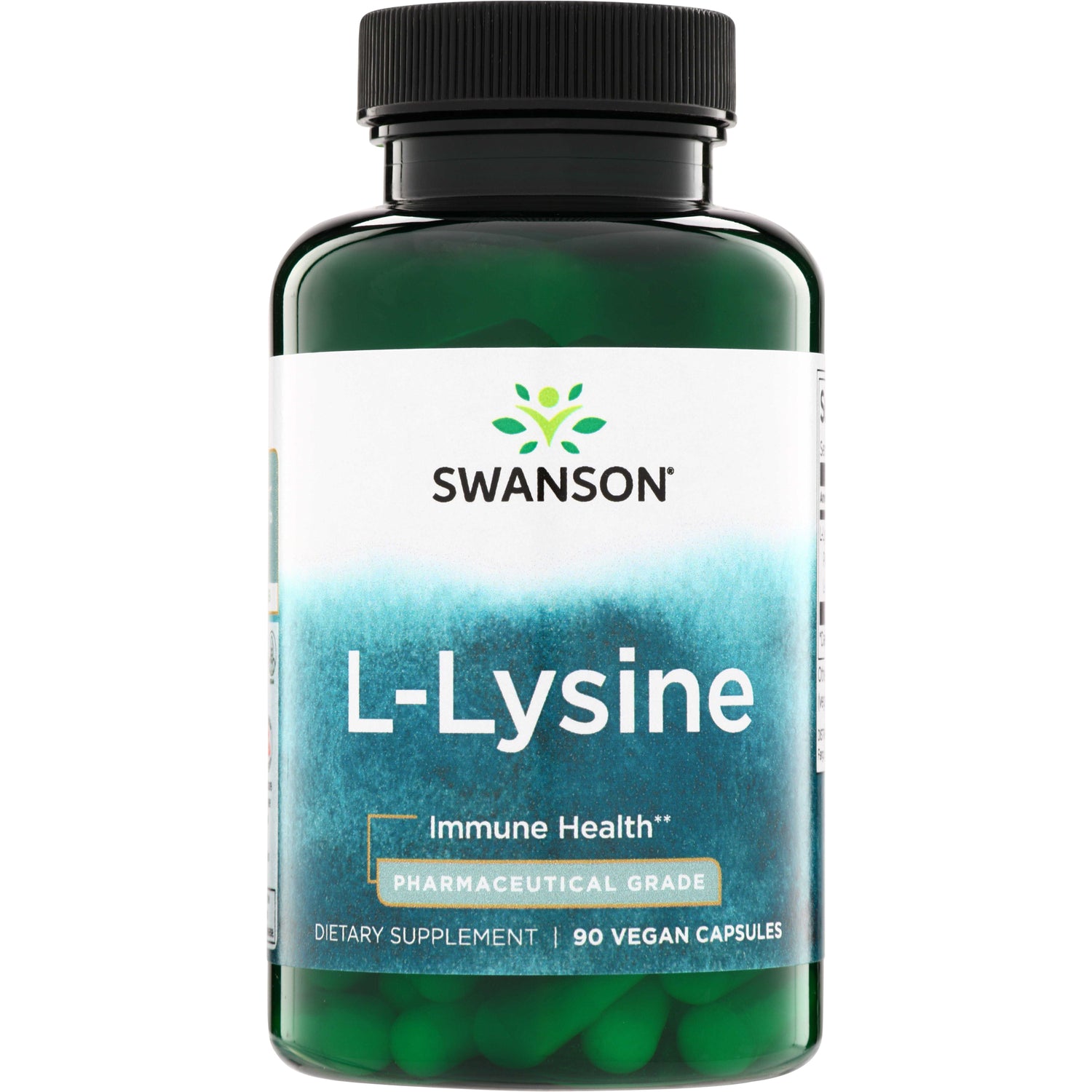 SWU452 | Swanson L-Lysine supplement bottle front, Immune Health, Pharmaceutical Grade, 90 vegan capsules
