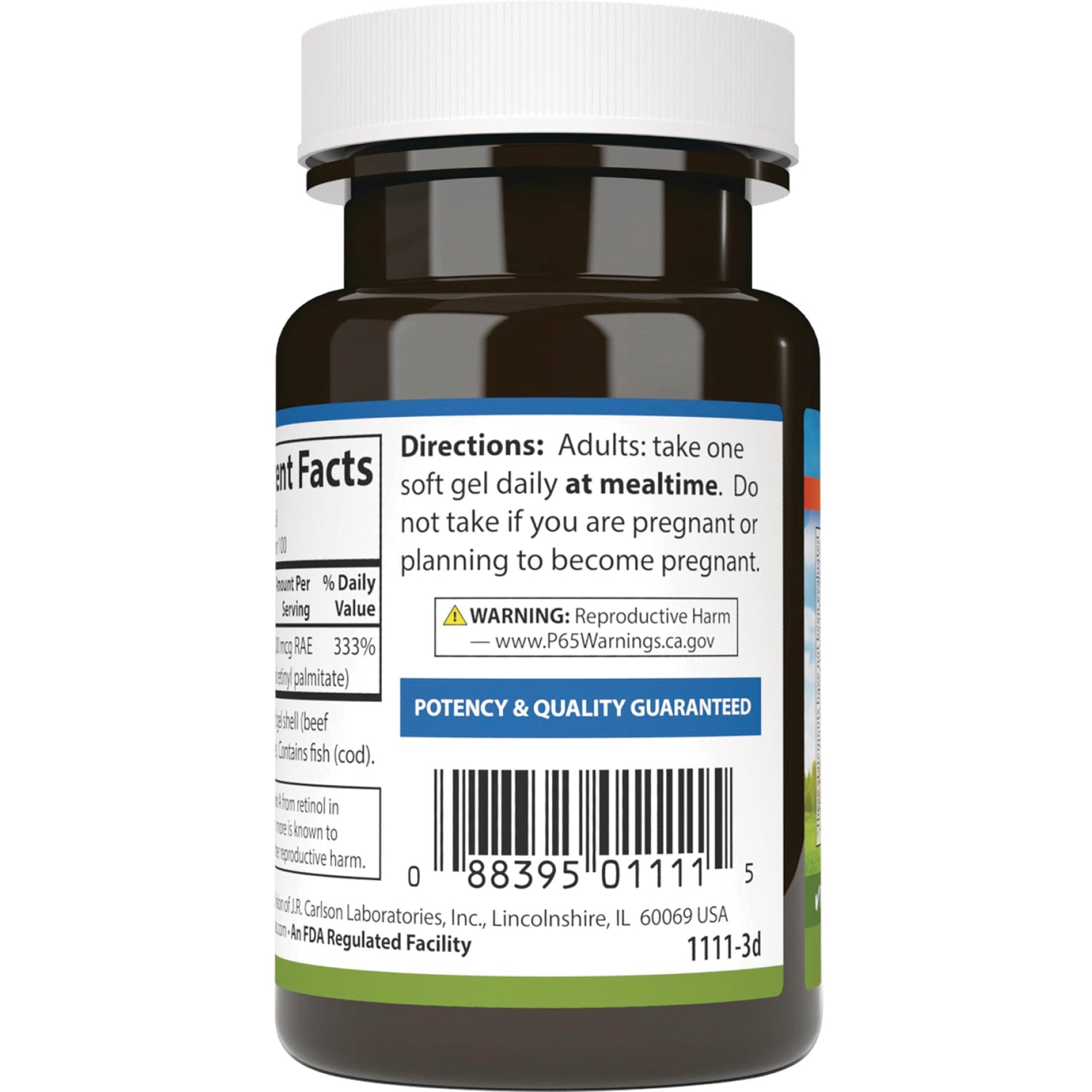 CSN185 | back label of brown supplement bottle showing directions, warning symbol, potency guarantee banner and barcode
