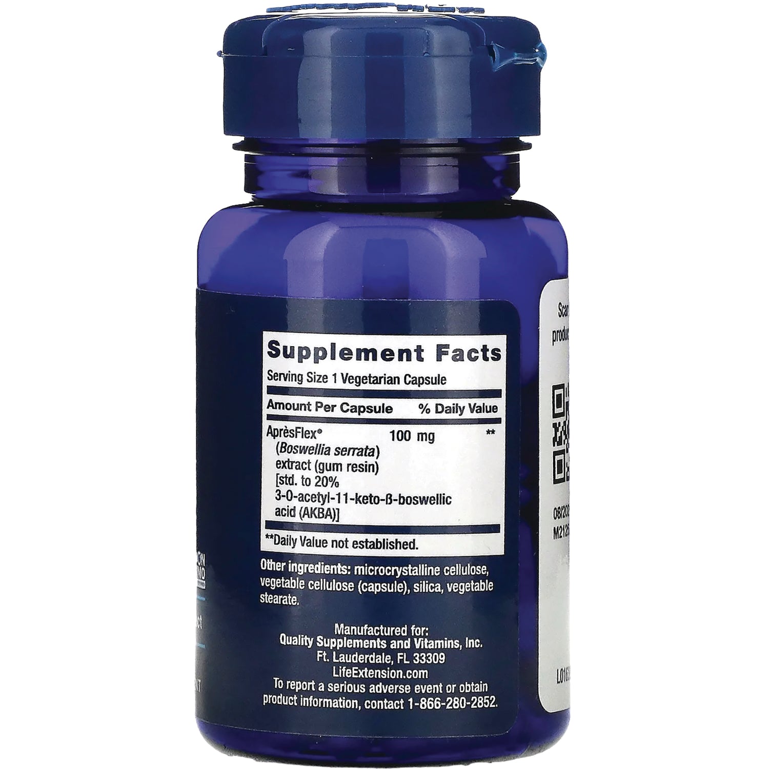 LE176 | back label showing Supplement Facts panel, ingredient list, and manufacturer info on blue supplement bottle