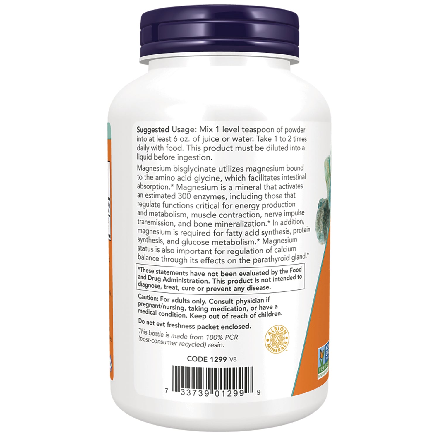 NWF1373 | Back of white supplement bottle showing suggested usage, ingredient and caution text, barcode and recycling info