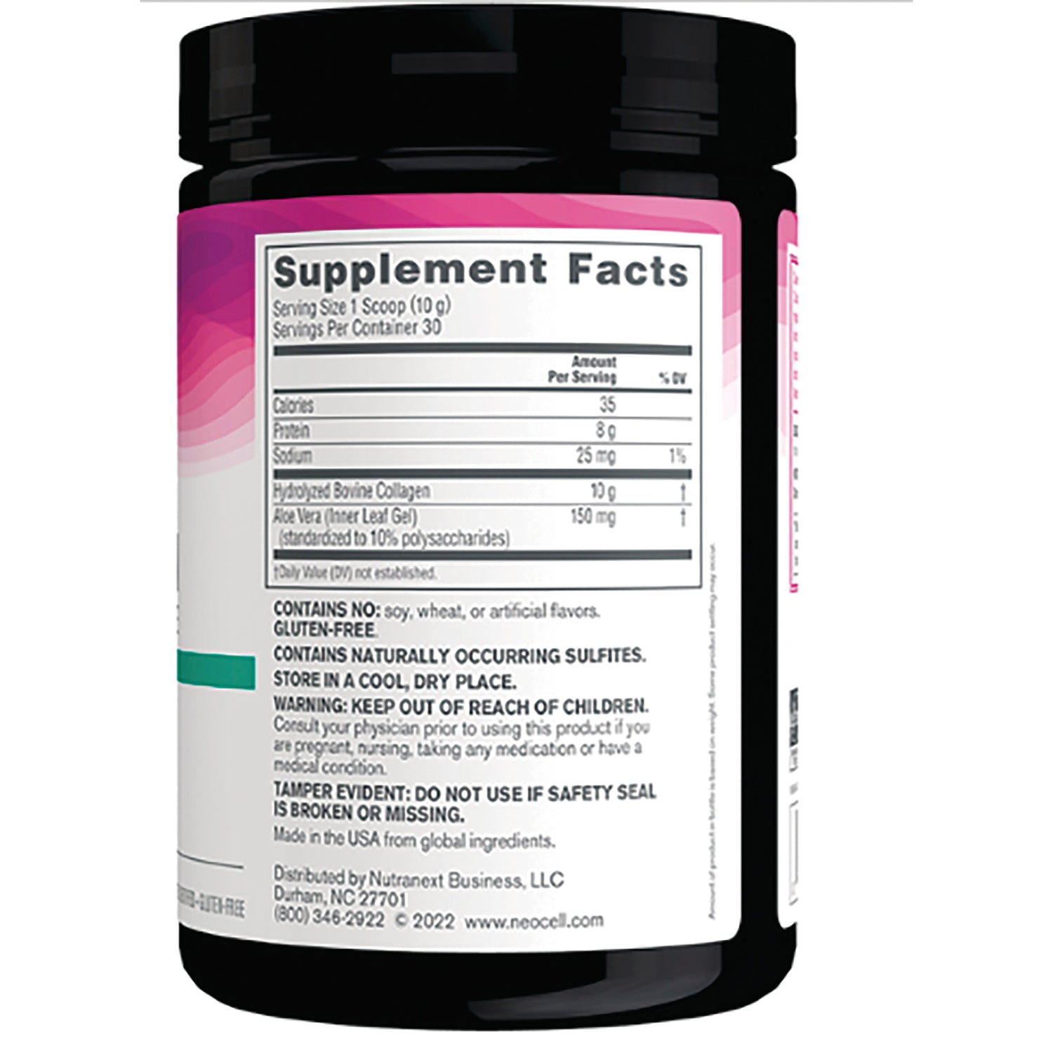 NEC037 | Back of supplement jar showing Supplement Facts panel, ingredients and warning text
