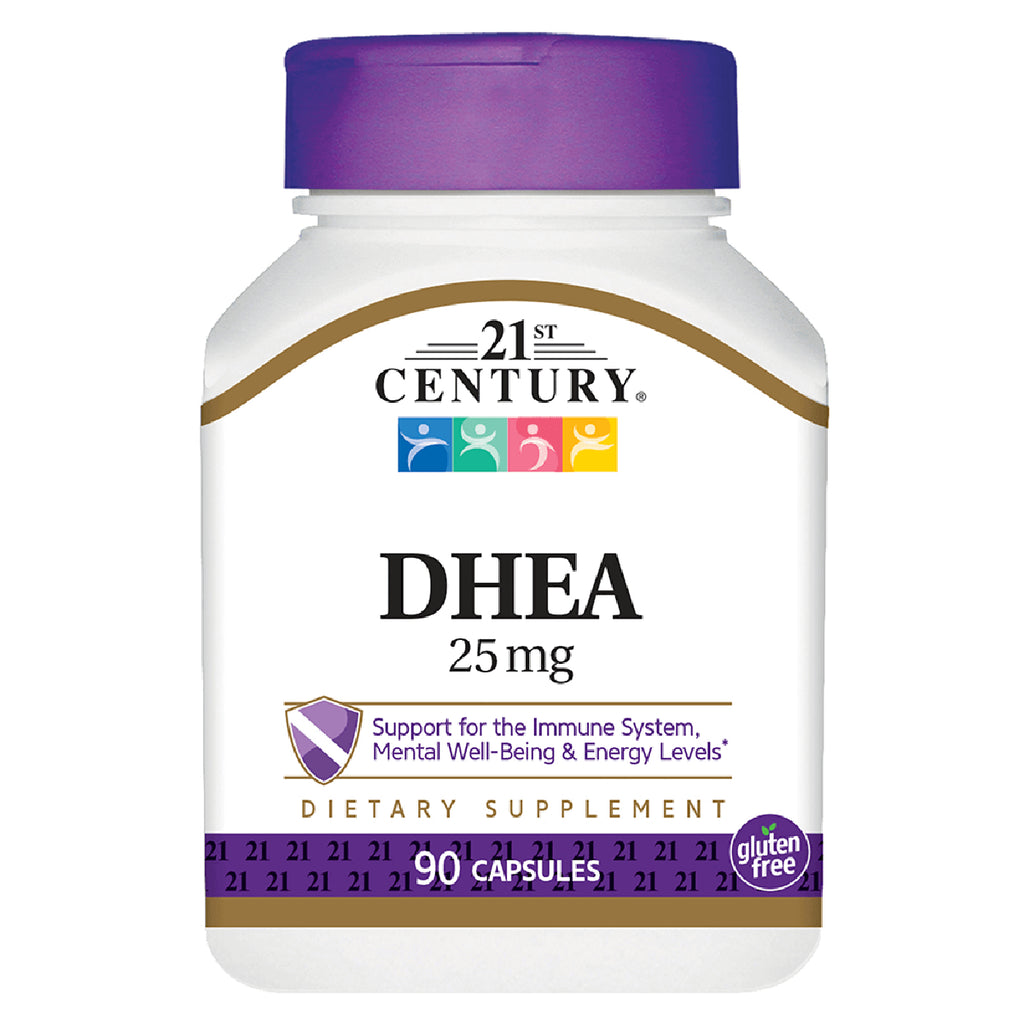 CNT046 | 21st Century DHEA 25 mg white bottle with purple cap and label reading 90 capsules gluten free dietary supplement - Thumbnail