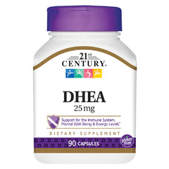 CNT046 | 21st Century DHEA 25 mg white bottle with purple cap and label reading 90 capsules gluten free dietary supplement