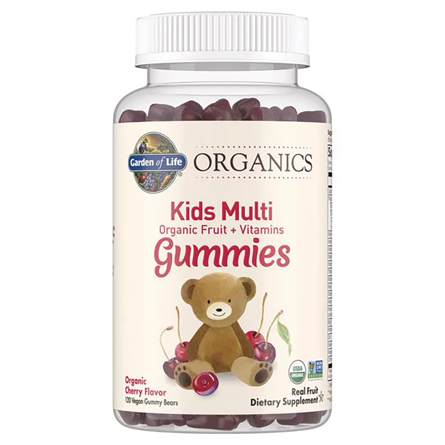 GLF398 | Garden of Life Organics Kids Multi Gummies bottle front showing teddy bear label and cherries organic cherry flavor