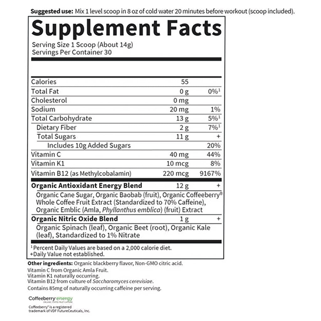 GLF389 | Supplement Facts panel with serving size 1 scoop, calories, vitamins, organic antioxidant and nitric oxide blends - Thumbnail