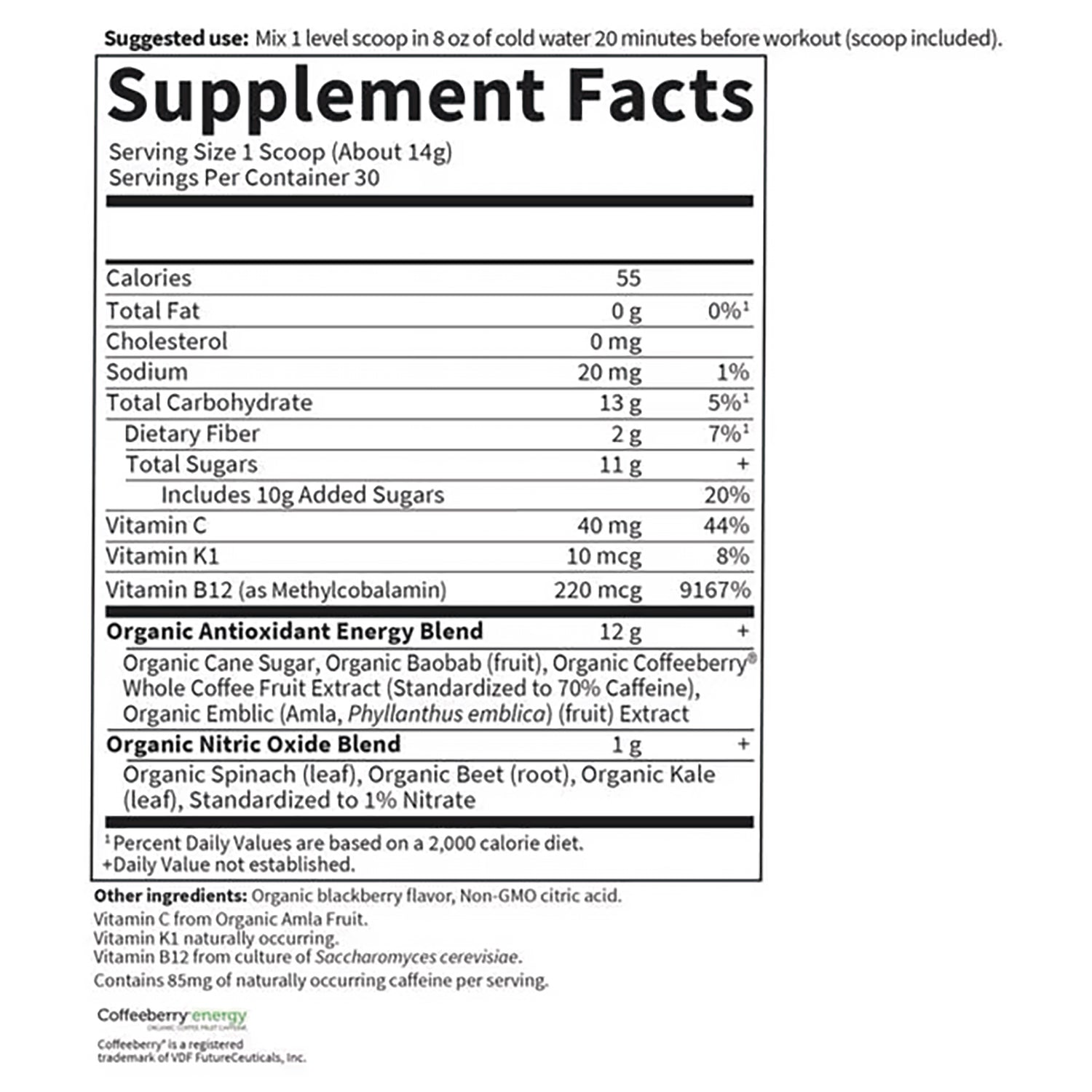 GLF389 | Supplement Facts panel with serving size 1 scoop, calories, vitamins, organic antioxidant and nitric oxide blends