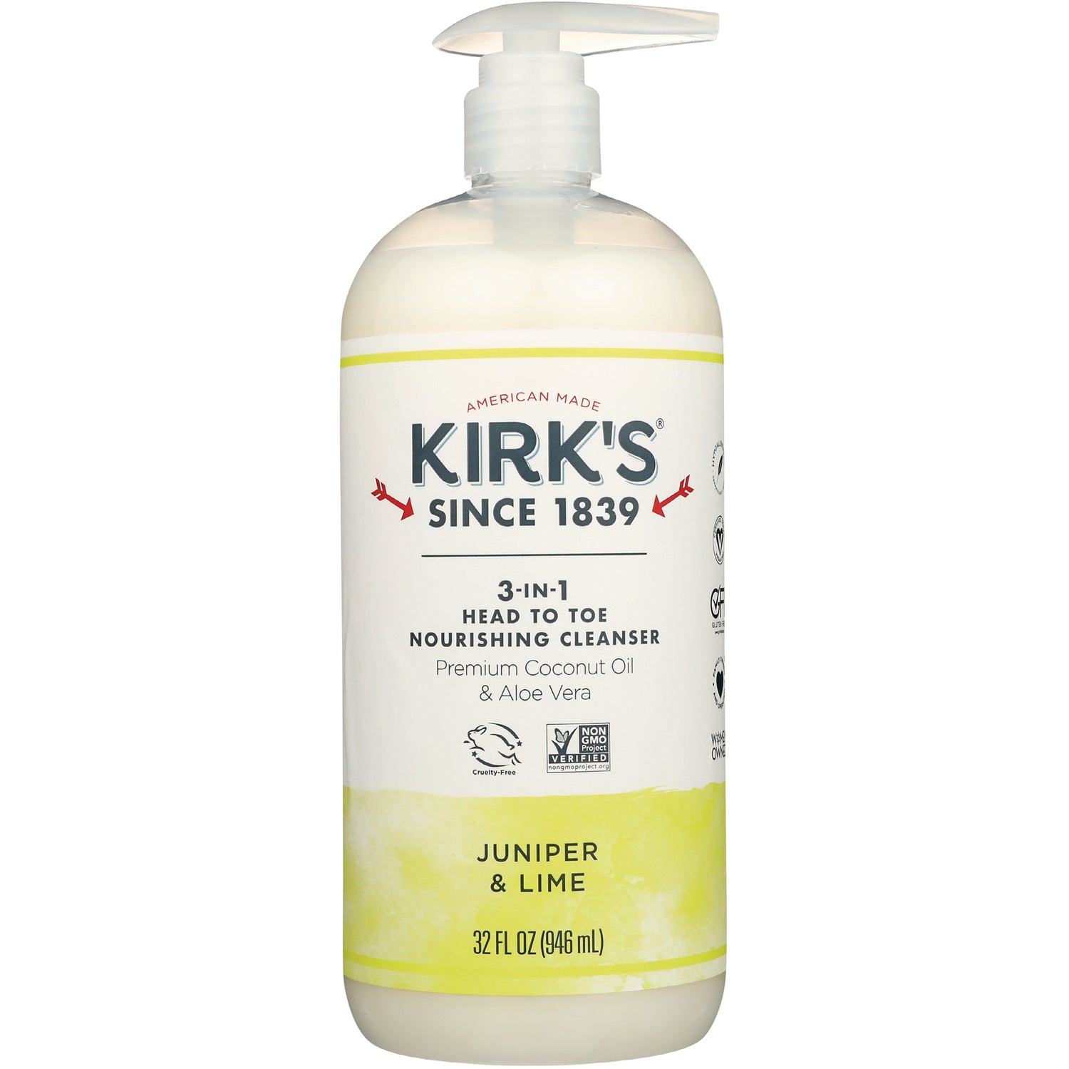 KIR018 | Kirk's 3-in-1 head-to-toe nourishing cleanser pump bottle, juniper & lime, 32 fl oz