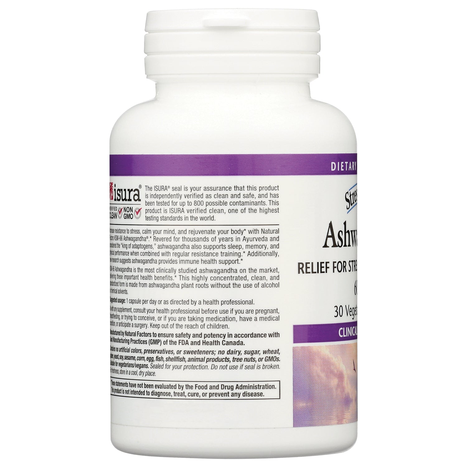 NFC155 | back of white supplement bottle showing ingredients text, ISURA seal, and purple label band