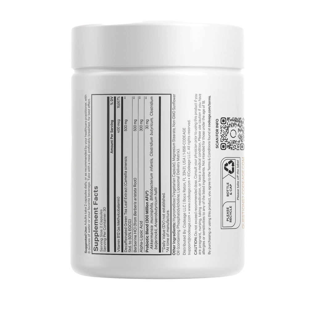 CDG036 | Back of white supplement jar showing Supplement Facts panel, QR code, and recycling icon - Thumbnail