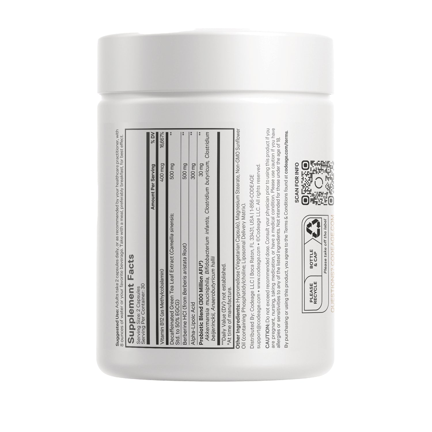 CDG036 | Back of white supplement jar showing Supplement Facts panel, QR code, and recycling icon
