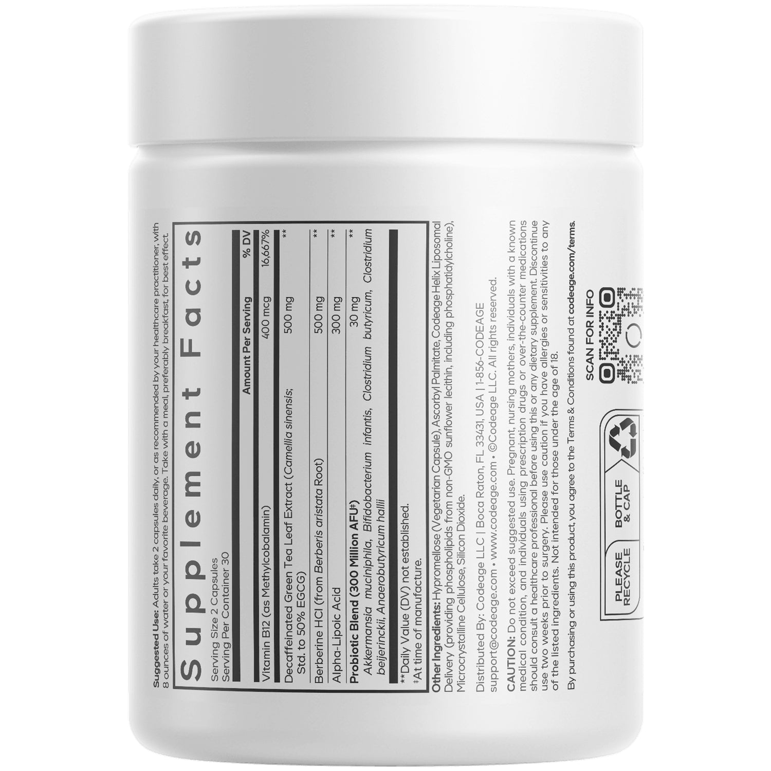 CDG036 | Back of white supplement jar showing Supplement Facts panel, QR code, and recycling icon