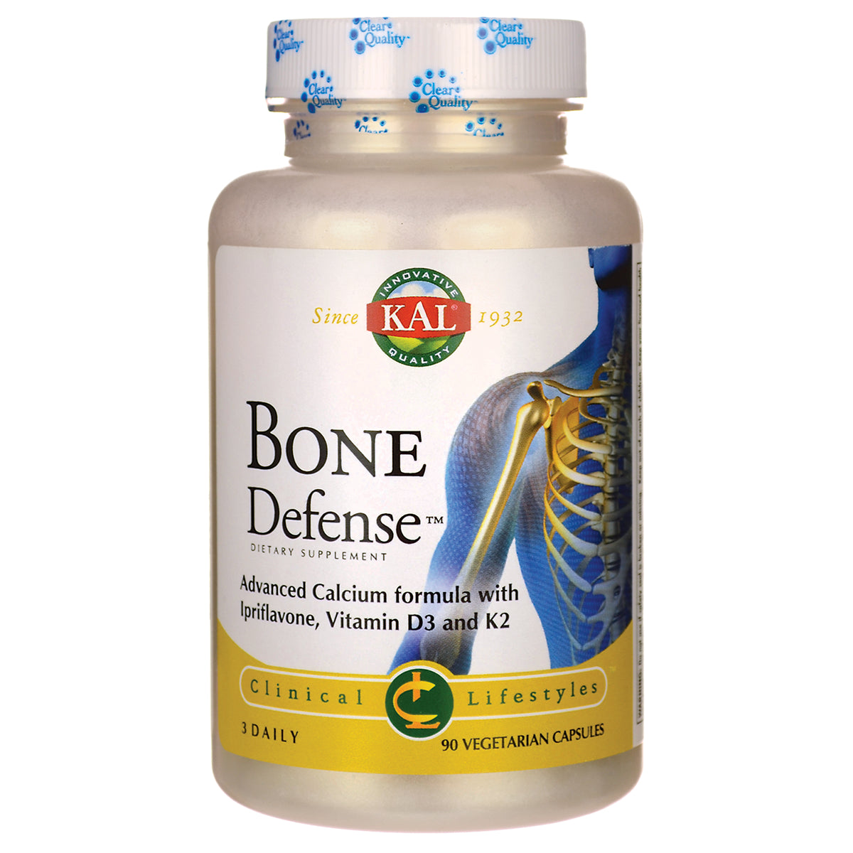 KL449 | Bottle of KAL Bone Defense dietary supplement, advanced calcium formula, 90 vegetarian capsules