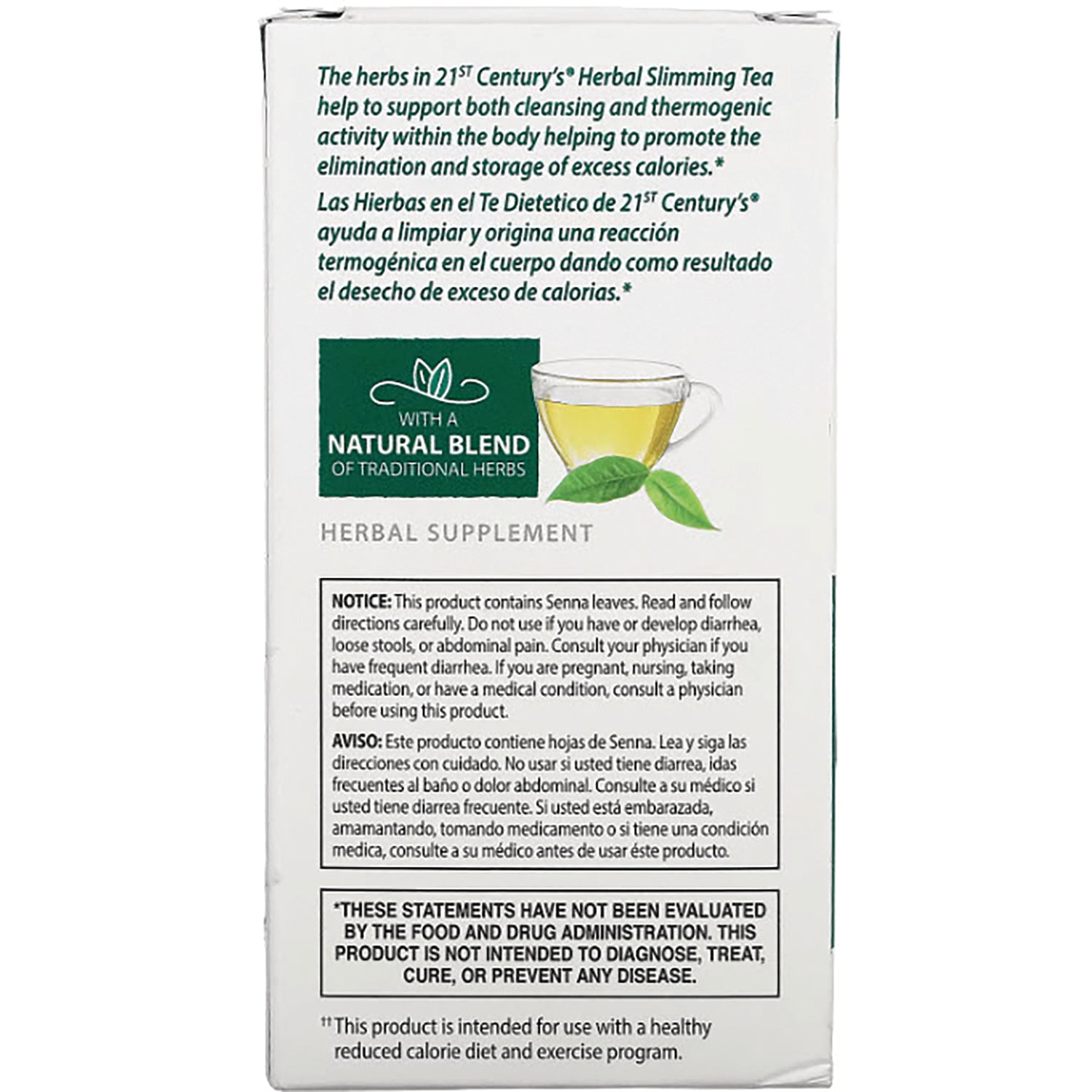 CNT149 | back of herbal supplement box showing natural blend logo, teacup, bilingual warning and FDA disclaimer