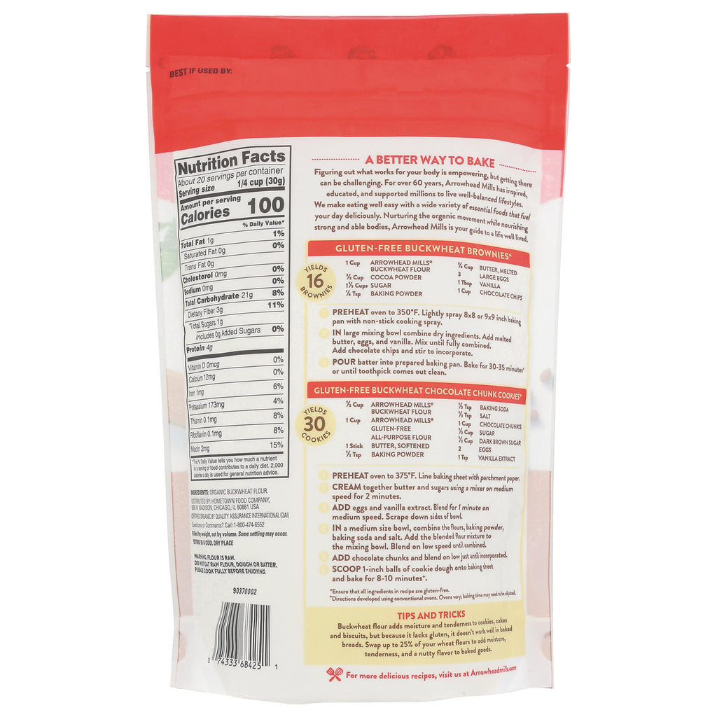 AHM062 | Back of pouch showing Nutrition Facts panel and gluten-free buckwheat brownie and cookie recipes - Thumbnail