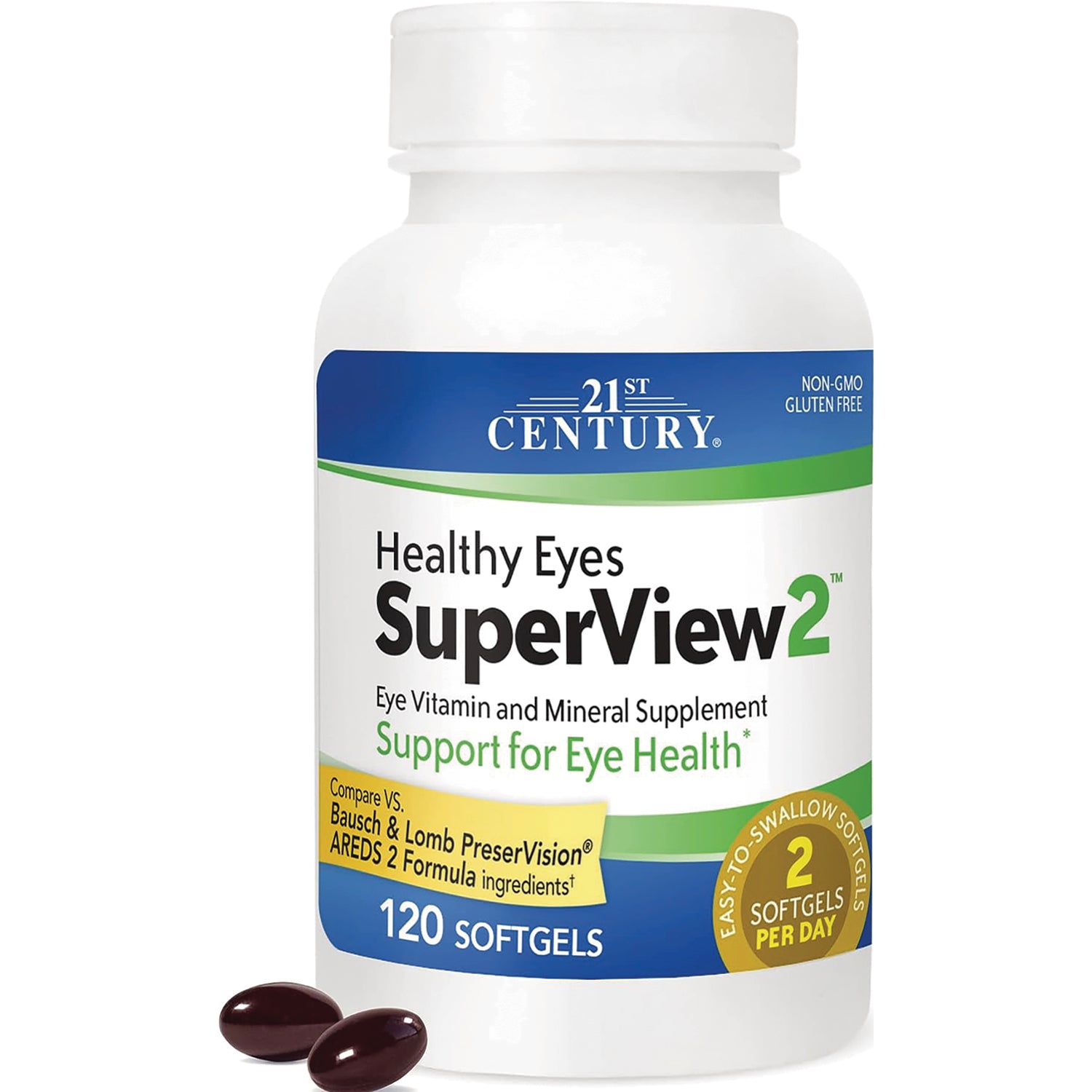 CNT269 | White bottle of 21st Century SuperView2 Healthy Eyes vitamin softgels 120 count with two softgels shown