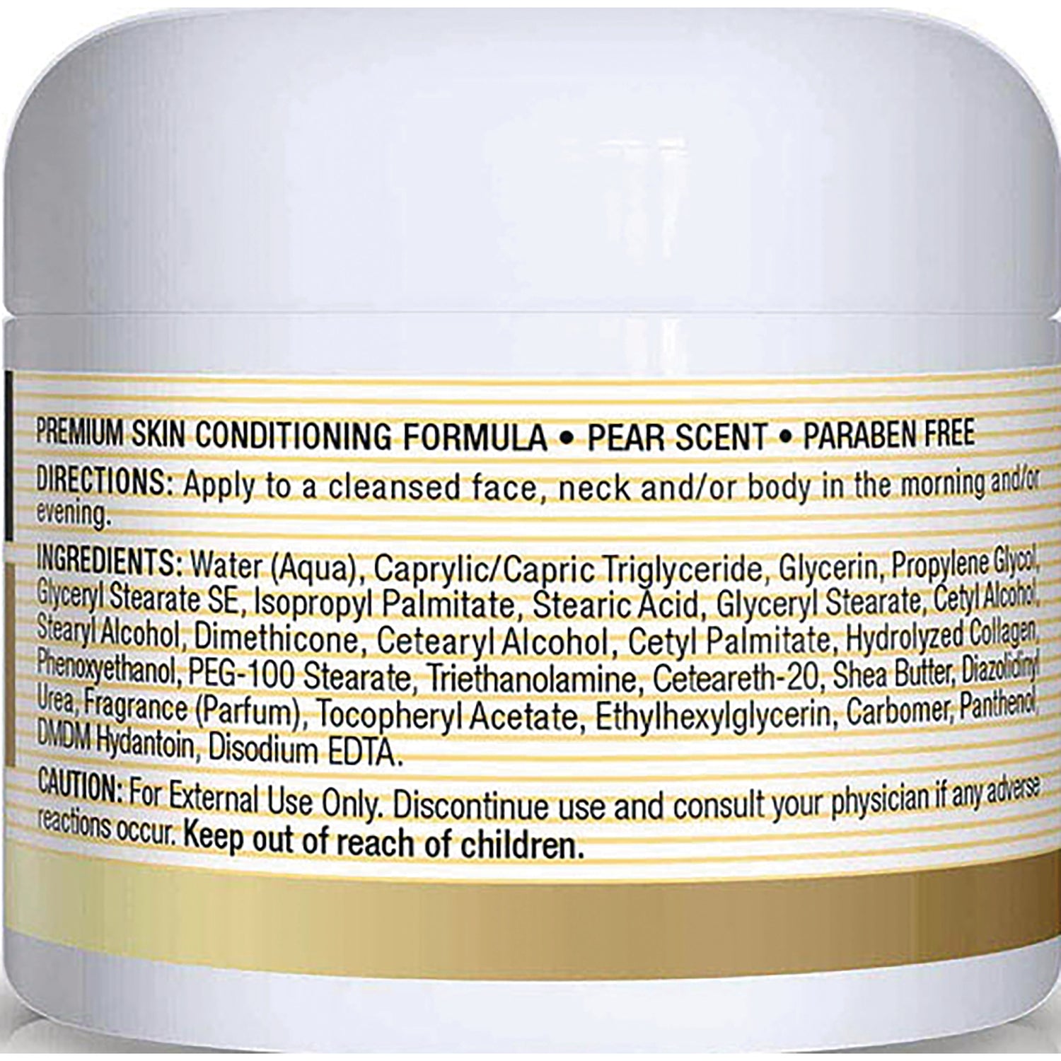 MSN044 | Back label showing directions, ingredients, and caution on white jar labeled PEAR SCENT PARABEN FREE