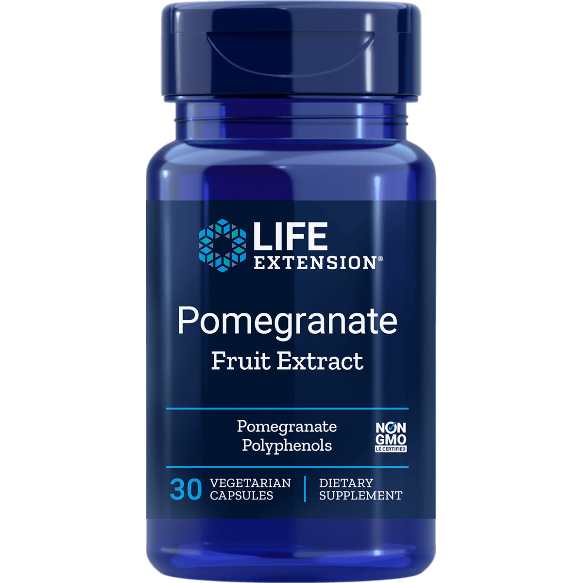 LE107 | Life Extension Pomegranate Fruit Extract supplement bottle, 30 vegetarian capsules, NON GMO