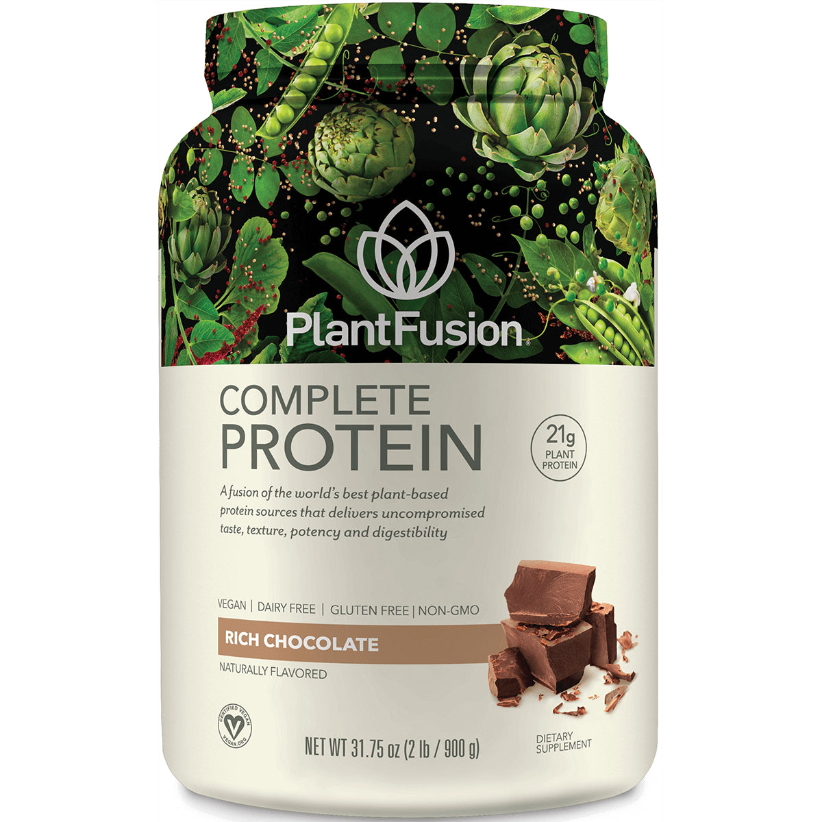 PFU004 | PlantFusion Complete Protein rich chocolate powder tub, 31.75 oz front label showing 21g plant protein