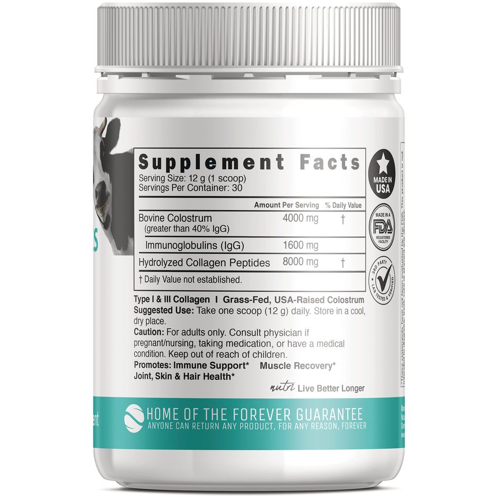 NFU006 | Back of supplement jar showing Supplement Facts listing colostrum 4000 mg, immunoglobulins 1600 mg, collagen 8000 mg - Thumbnail