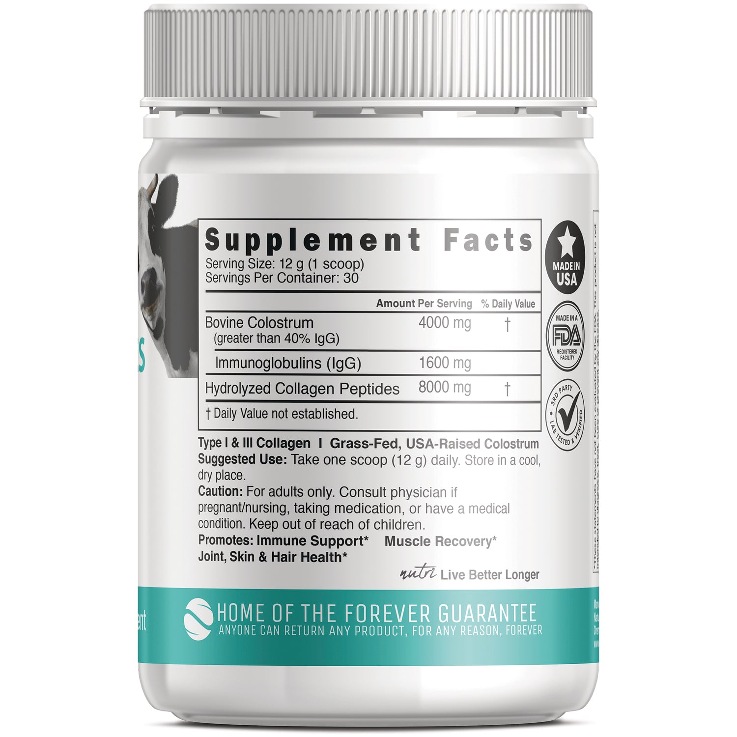NFU006 | Back of supplement jar showing Supplement Facts listing colostrum 4000 mg, immunoglobulins 1600 mg, collagen 8000 mg