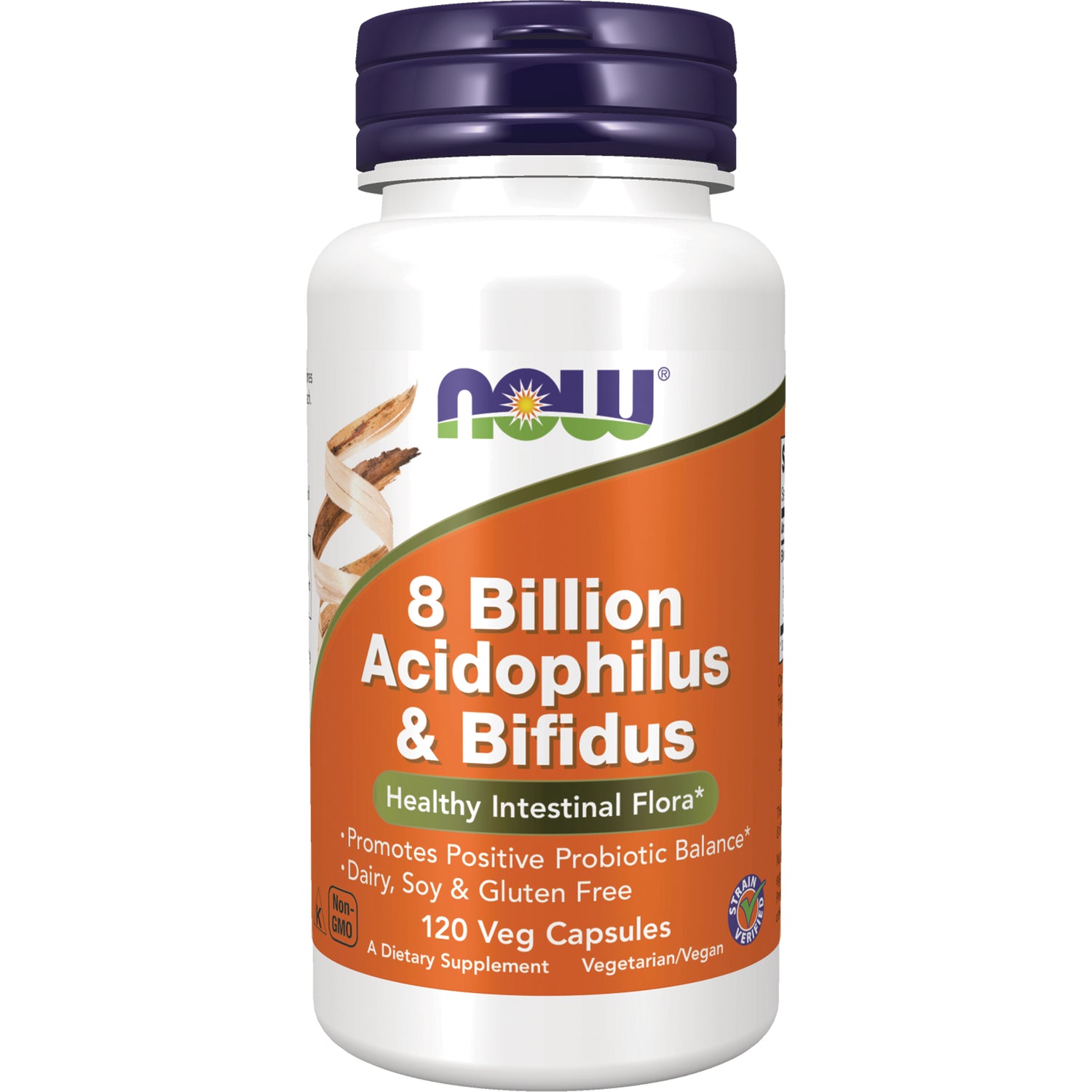 NWF014 | NOW 8 Billion Acidophilus & Bifidus probiotic bottle, 120 veg capsules front label