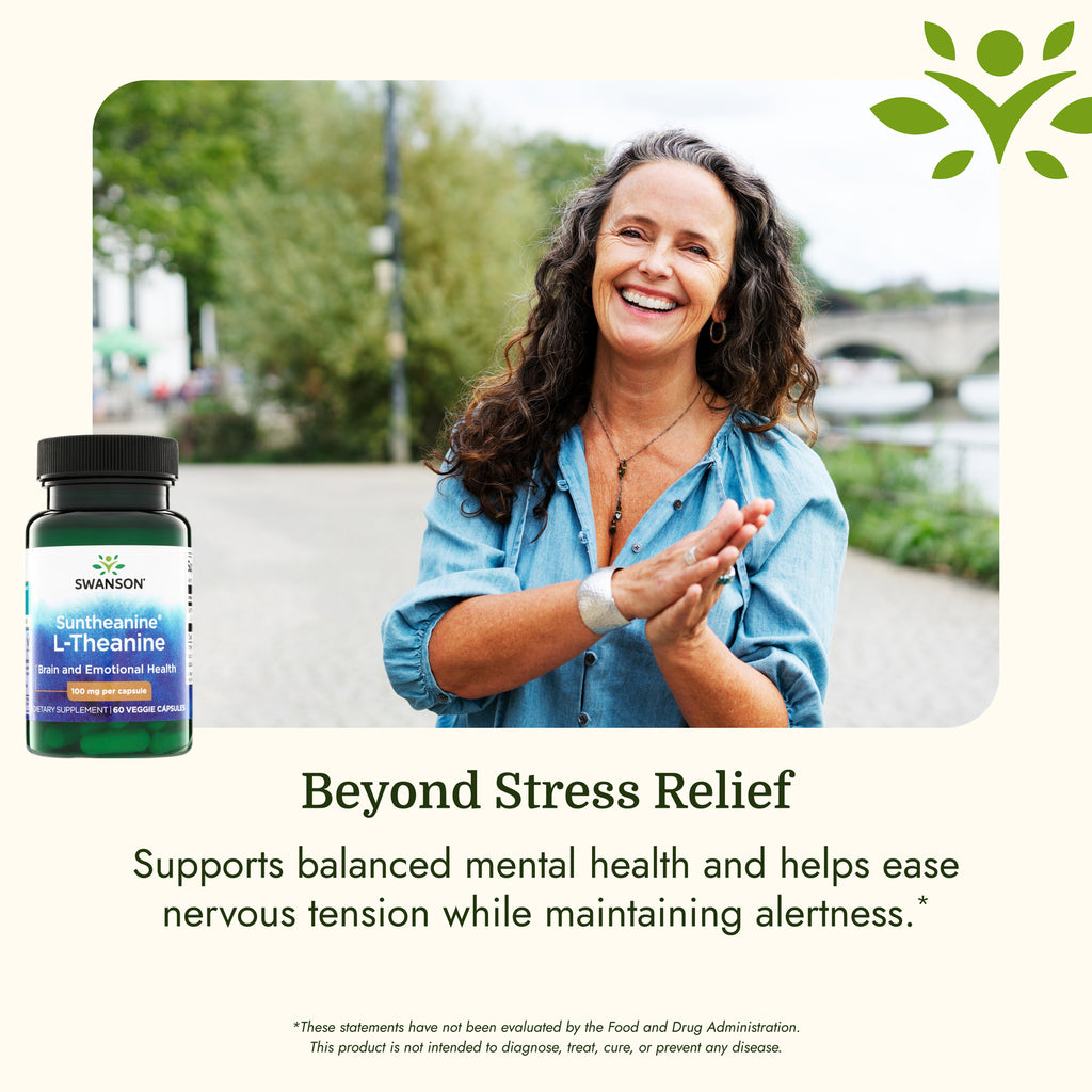 SWU110 | Swanson Suntheanine L-Theanine bottle beside smiling woman with text about stress relief and mental health - Thumbnail