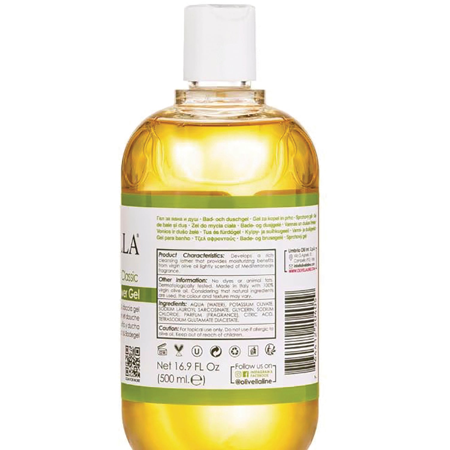 OLV001 | Back label of clear bottle with yellow liquid showing ingredients, barcode and net 16.9 FL Oz (500 ml)