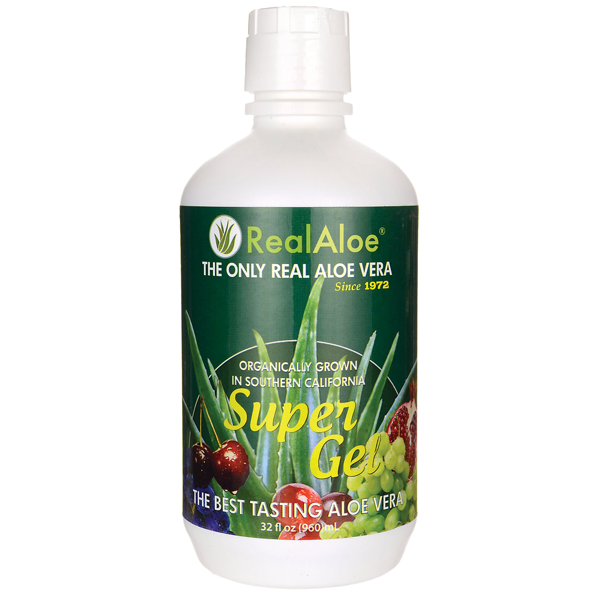 RA016 | RealAloe Super Gel 32 fl oz white bottle with green label showing aloe and fruit