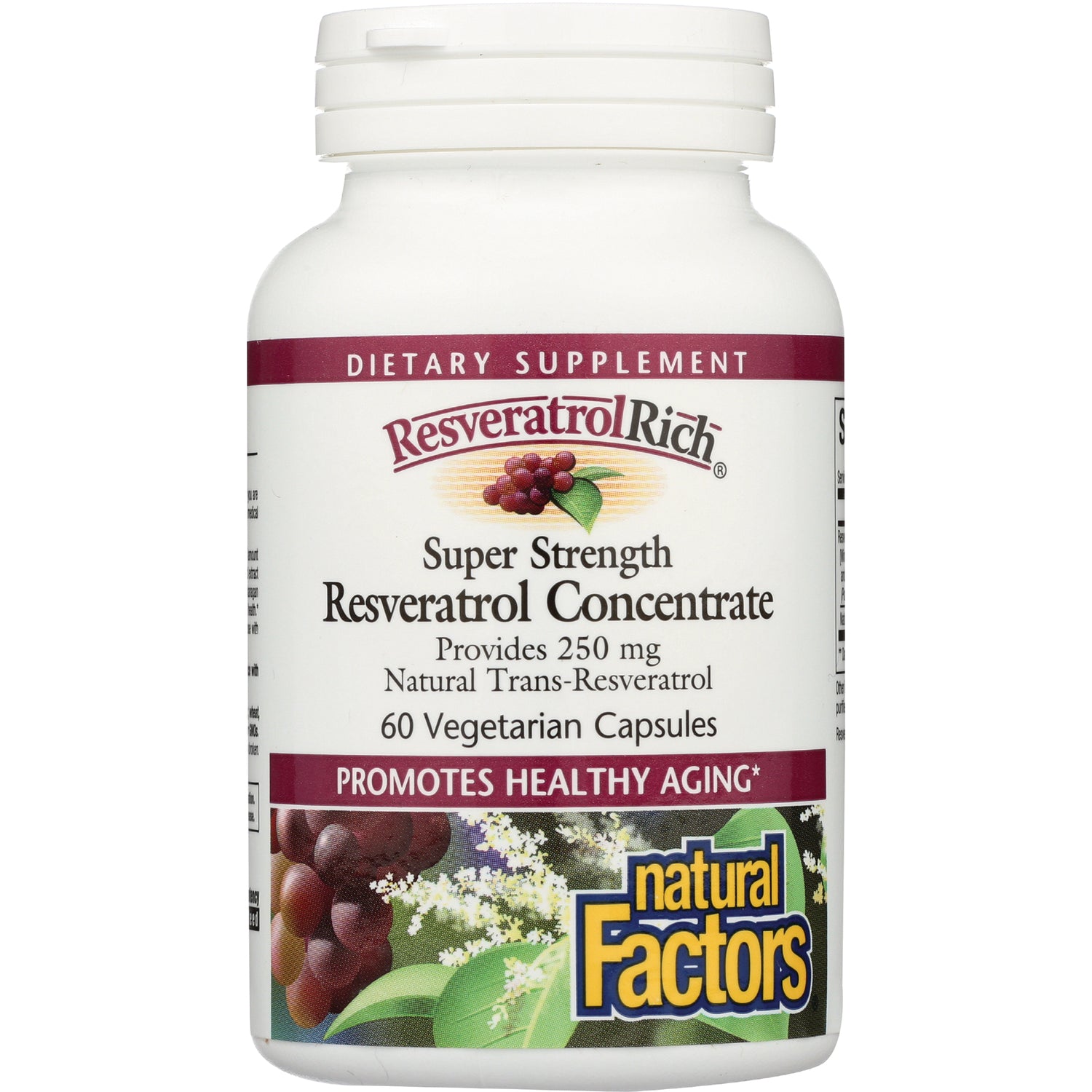 NFC080 | supplement bottle labeled Resveratrol Rich Super Strength Resveratrol Concentrate, 60 vegetarian capsules, Natural Factors logo