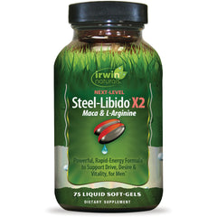 IR258 | Irwin Naturals Steel-Libido X2 Maca & L-Arginine bottle front showing 75 liquid soft-gels dietary supplement