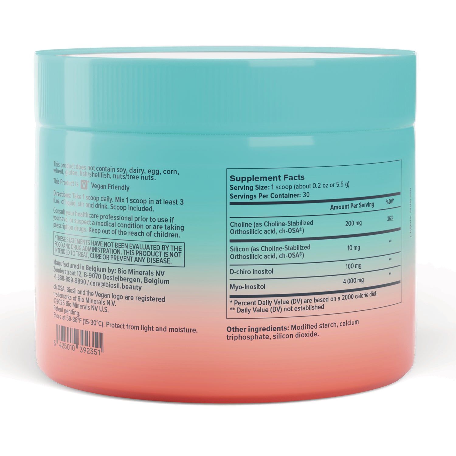 NFC216 | back label showing Supplement Facts panel, ingredients and directions on teal and coral jar