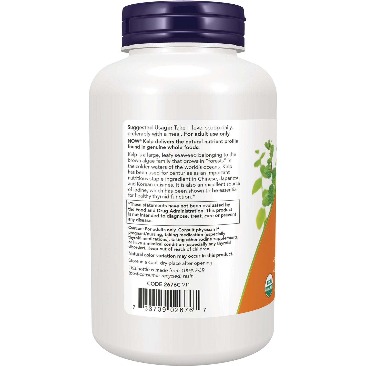 NWF945 | Back of white supplement bottle showing suggested usage, caution text and barcode