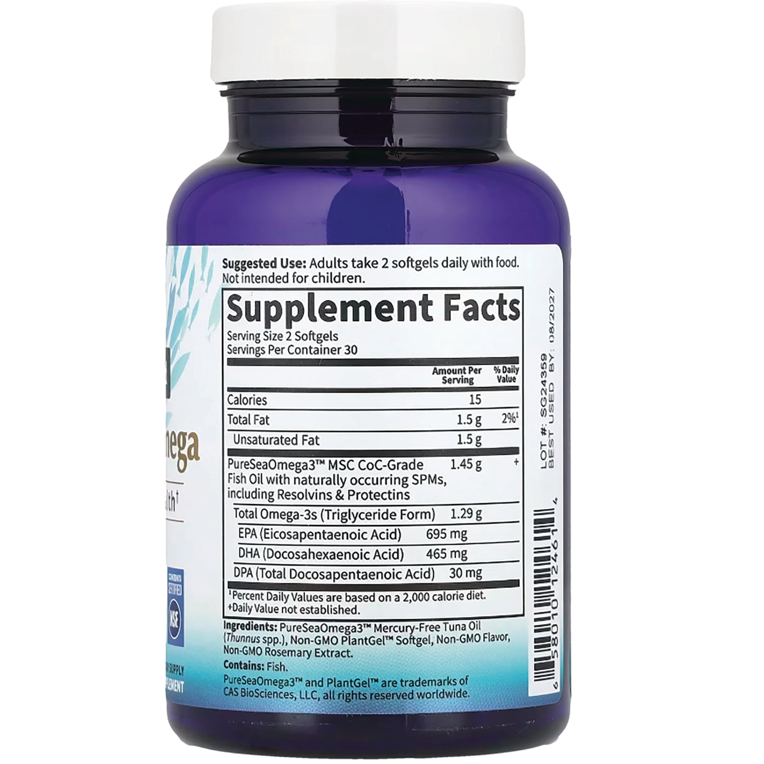 GLF321 | Supplement Facts panel and ingredient list on back of purple supplement bottle showing serving size and omega-3 amounts