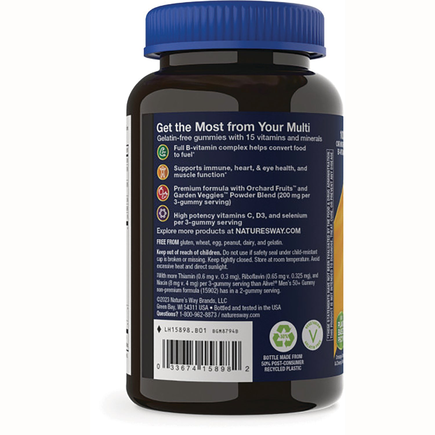 NW885 | Back label of gummy multivitamin bottle showing benefits text Get the Most from Your Multi, barcode, and recycling icons