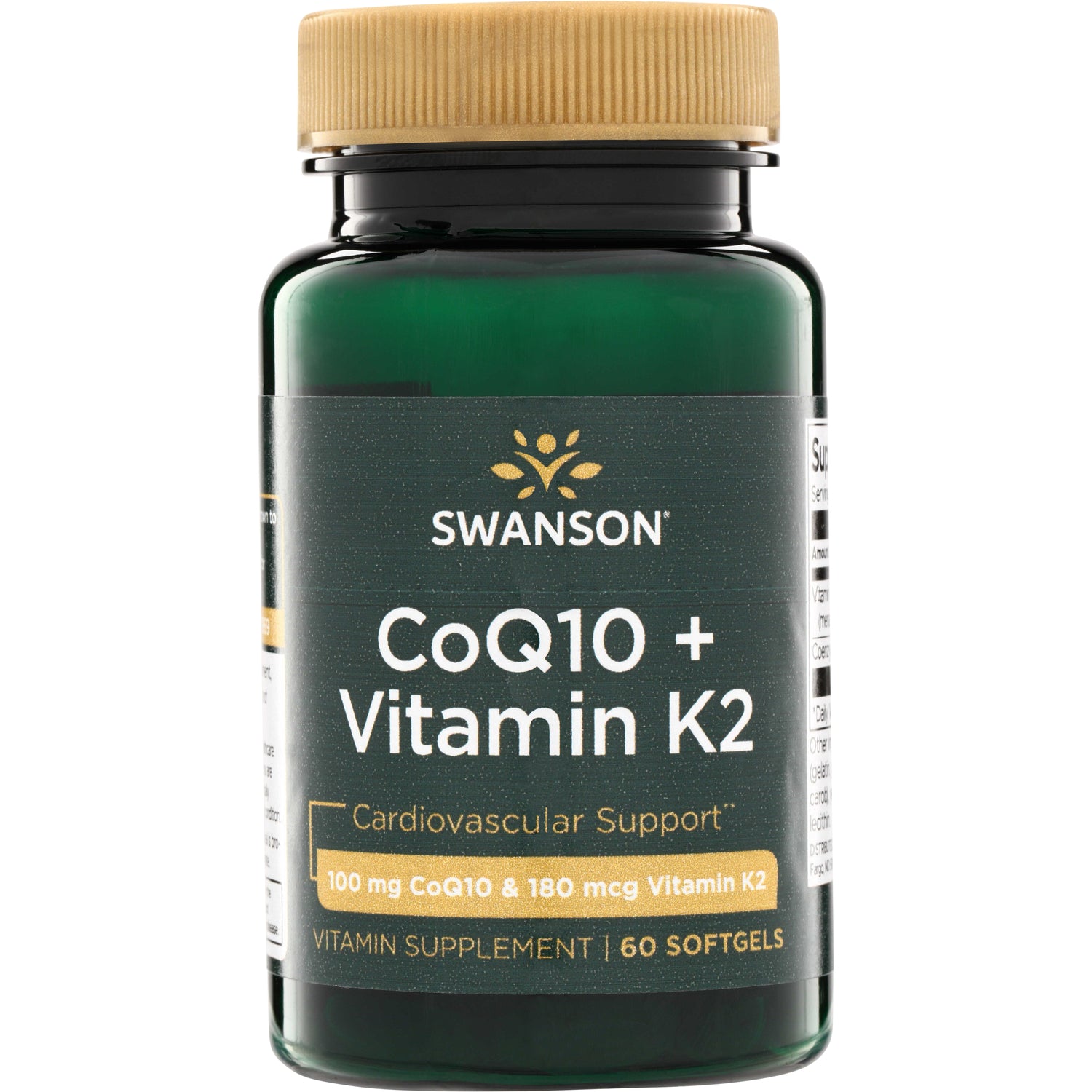SWU1069 | Swanson CoQ10 + Vitamin K2 supplement bottle, 100 mg CoQ10 & 180 mcg Vitamin K2, 60 softgels