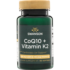 SWU1069 | Swanson CoQ10 + Vitamin K2 supplement bottle, 100 mg CoQ10 & 180 mcg Vitamin K2, 60 softgels