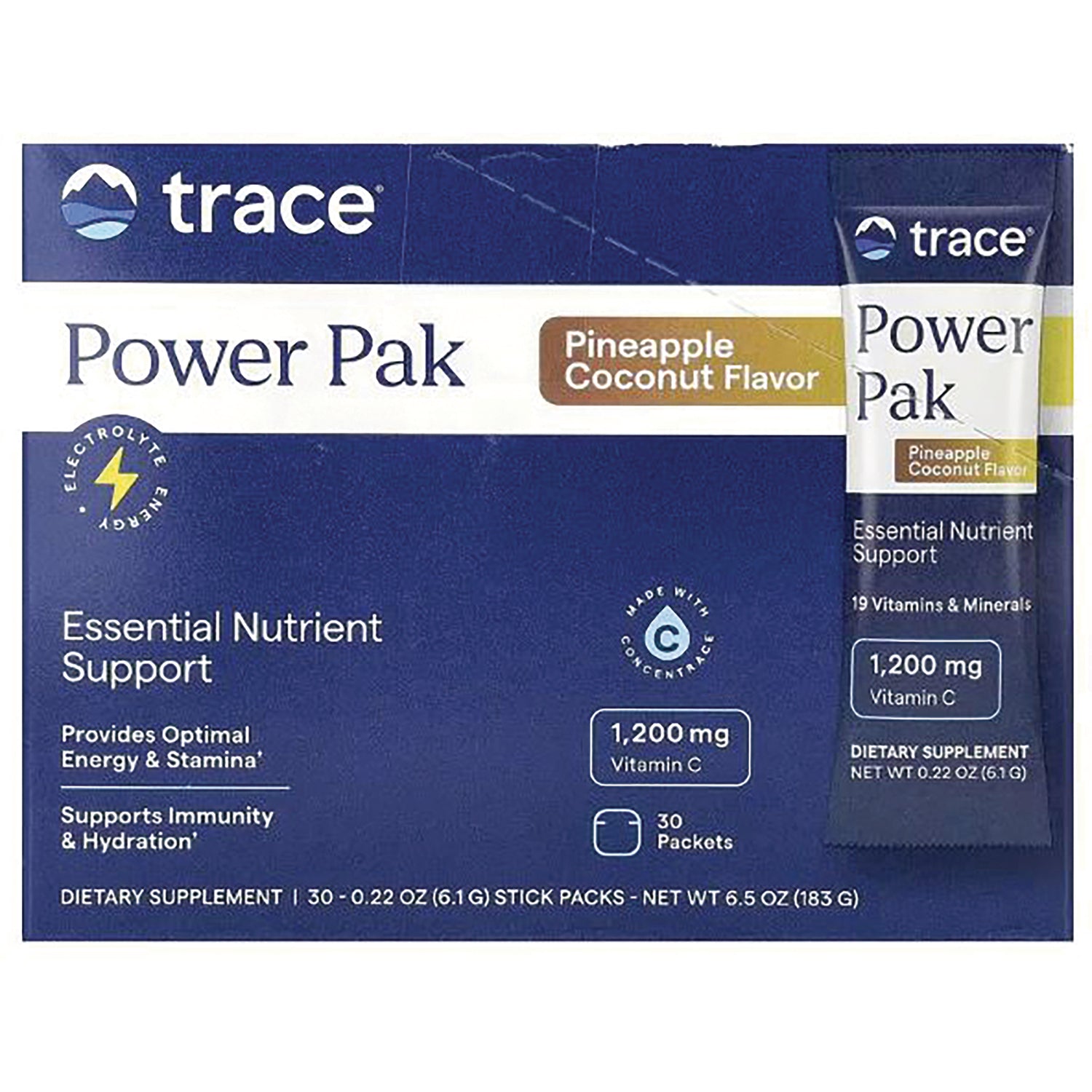 TM122 | Trace Power Pak Pineapple Coconut Flavor, front of box with stick pack; 30 packets, 1,200 mg Vitamin C
