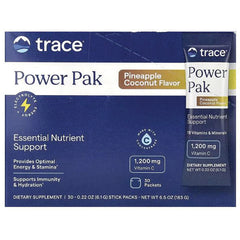 TM122 | Trace Power Pak Pineapple Coconut Flavor, front of box with stick pack; 30 packets, 1,200 mg Vitamin C