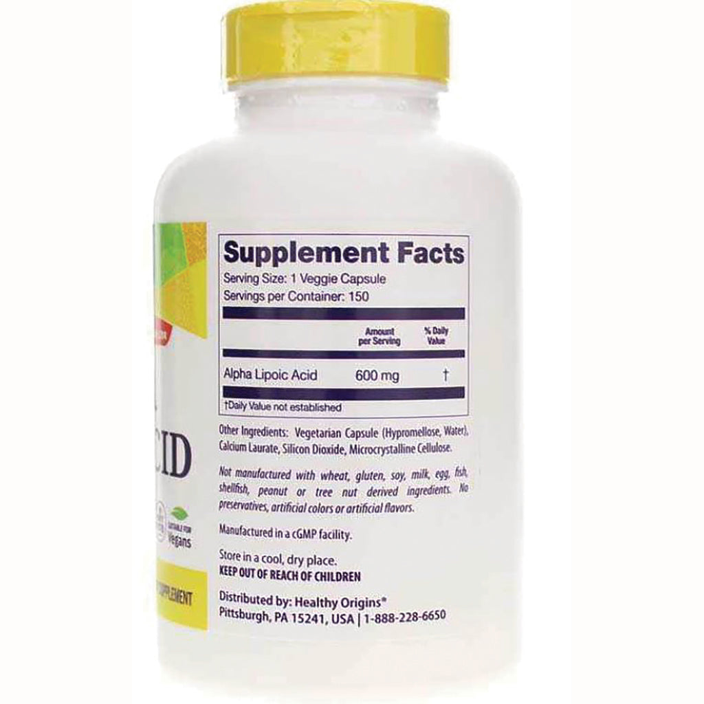 HRG012 | back of white supplement bottle showing Supplement Facts panel with Alpha Lipoic Acid 600 mg and ingredient and storage information - Thumbnail