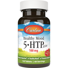 CSN123 | brown supplement bottle labeled Carlson Healthy Mood 5-HTP Elite 100 mg natural raspberry, 120 tablets