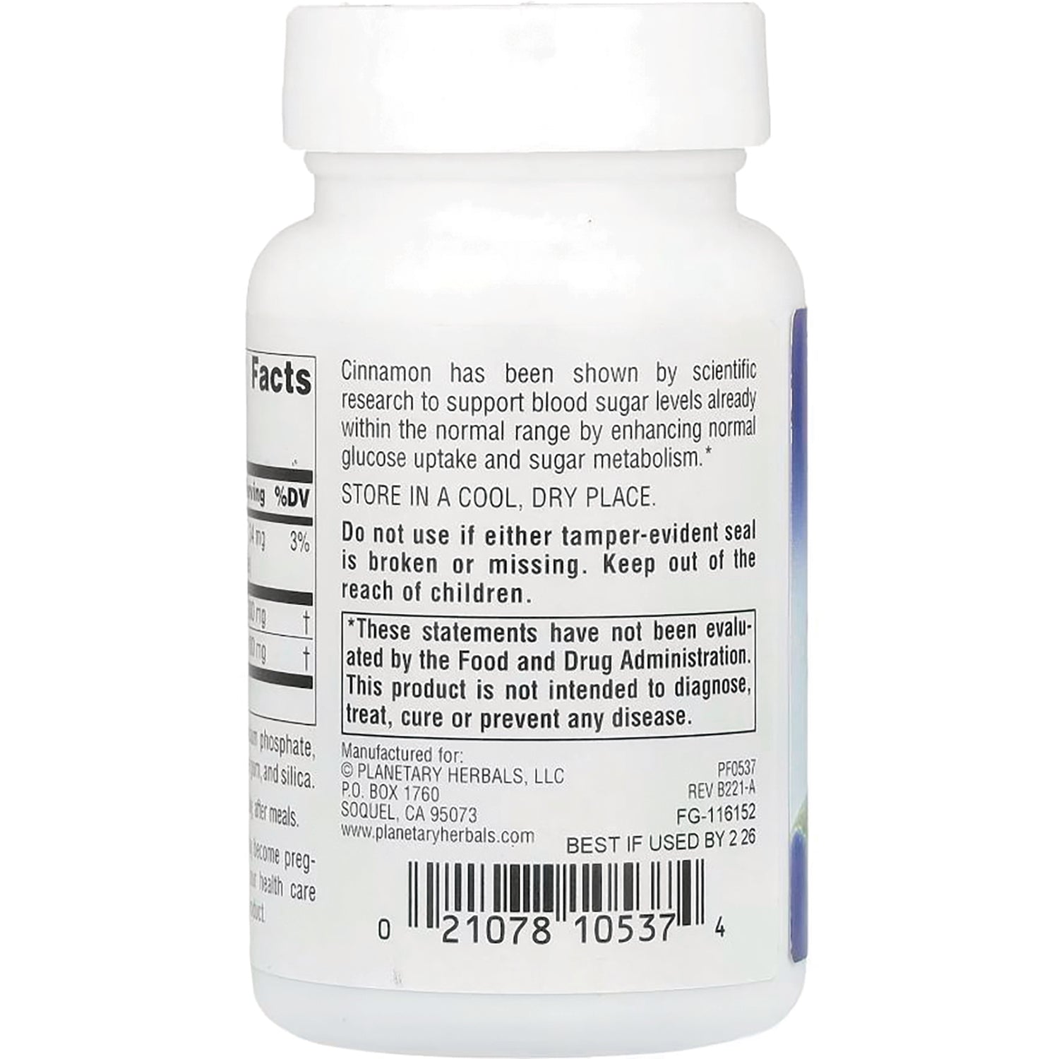 PF058 | back label of white supplement bottle showing storage instructions, warning text, and barcode