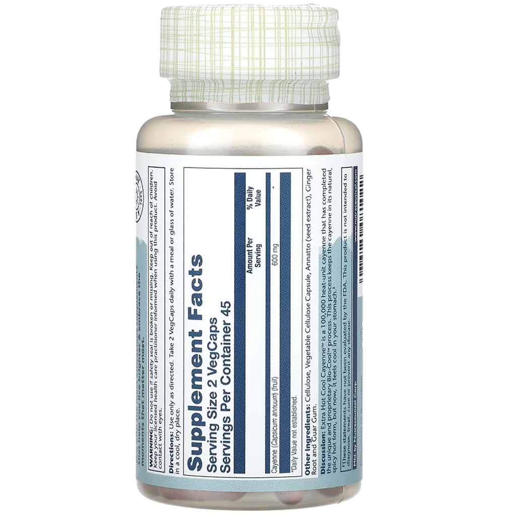 SLR304 | Solaray Extra Hot Cool Cayenne 100,000 Heat Unit digestion aid, supplement facts label - Thumbnail